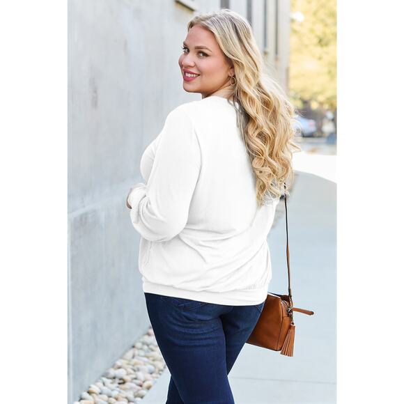 BASIC BAE Plus White V-Neck Long Lantern Sleeve Banded Waist Top NEW - Picture 2 of 8